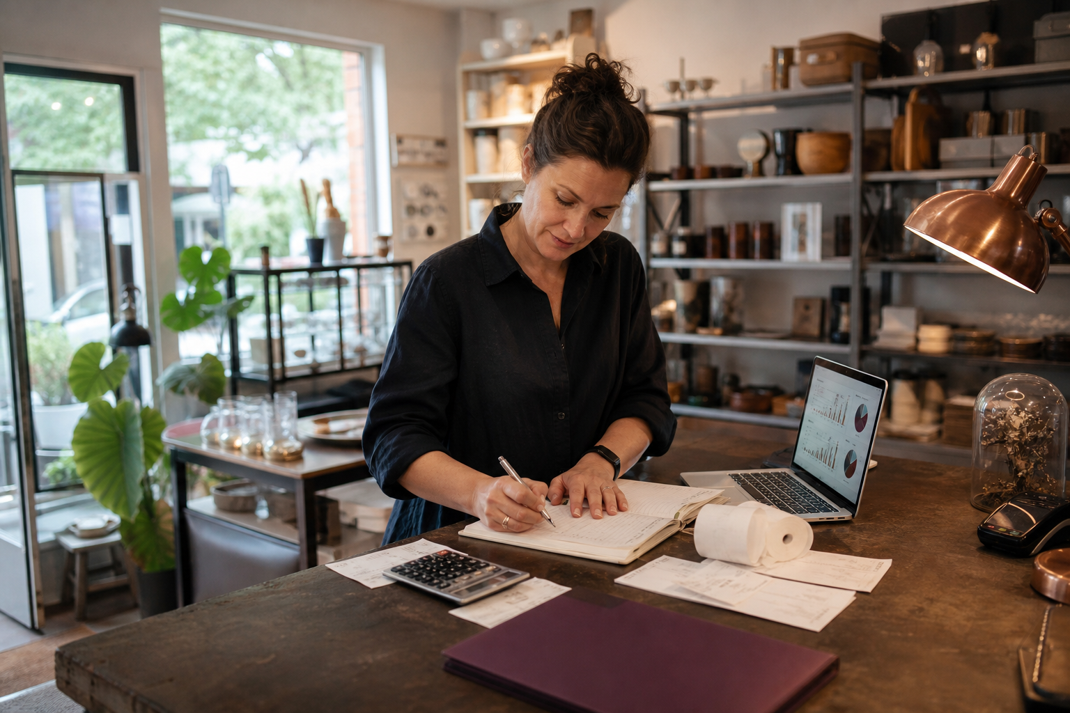 Winkeleigenaar maakt na sluitingstijd een kwartaalnotitie bij laptop, kassabon en rekenmachine