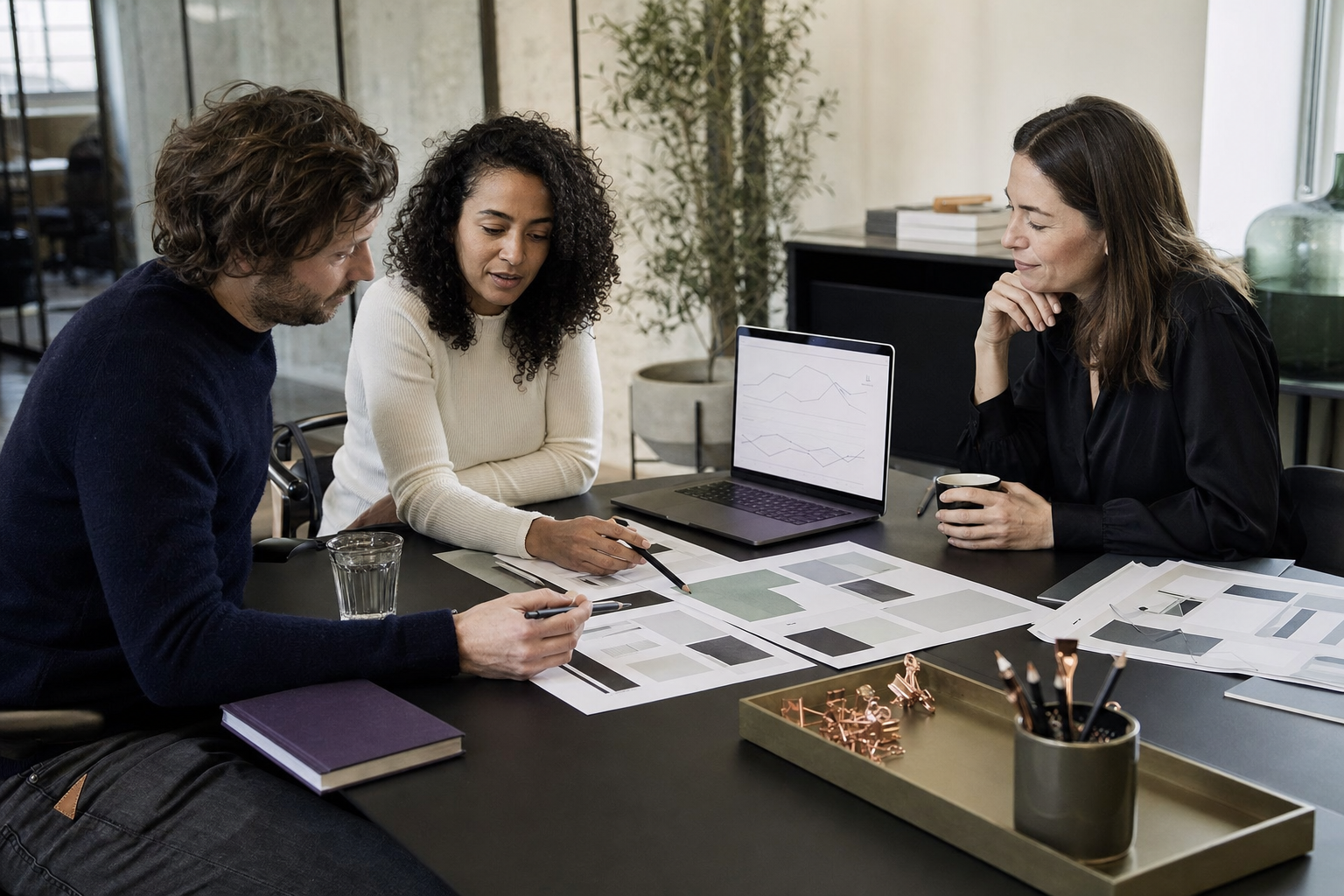 Redactieteam vergelijkt nieuwsbriefopzetten en eenvoudige grafieken rond een tafel in een lichte werkruimte