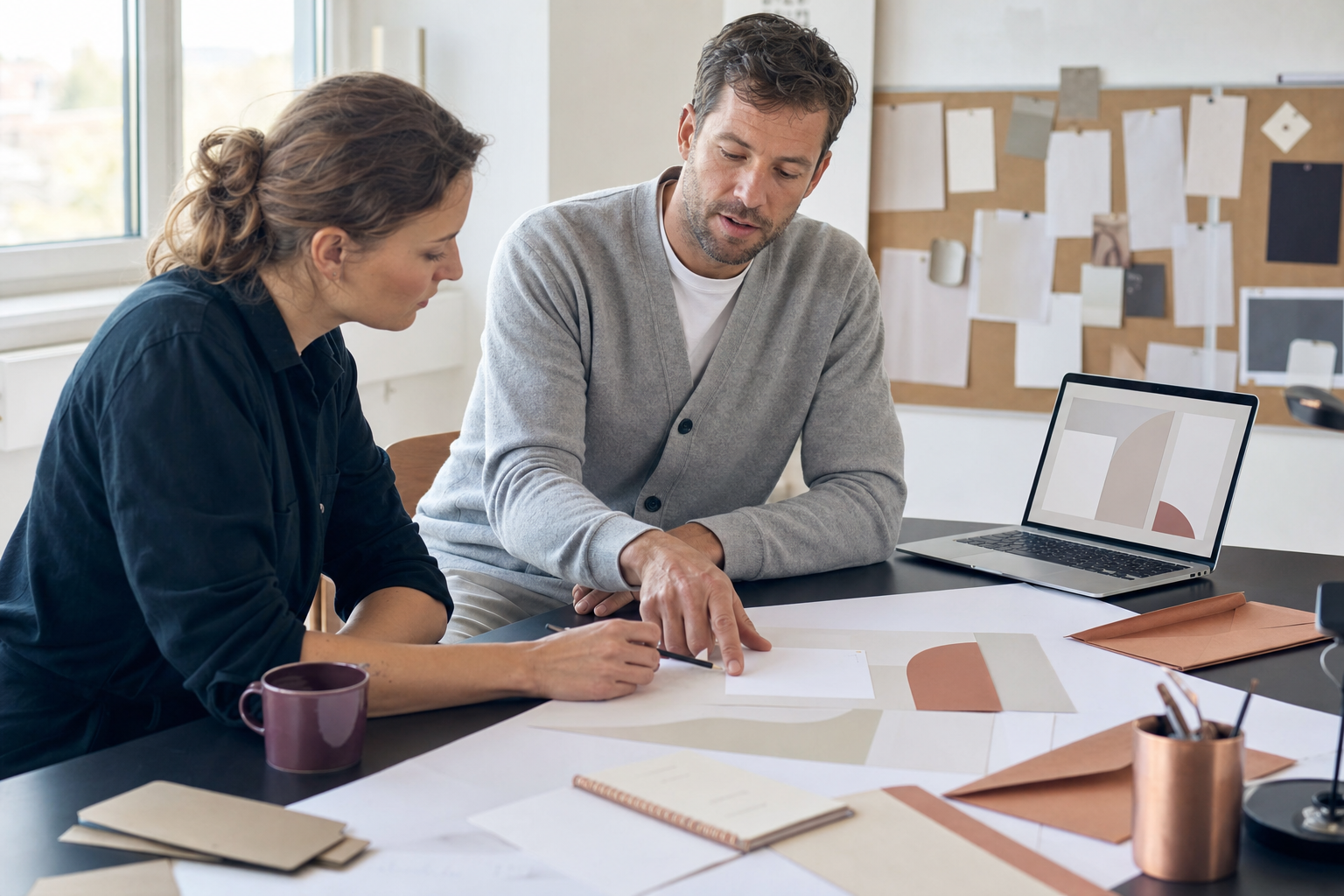 Twee collega's bespreken aan een studiotafel een heldere klantbrief met papier, laptop en koperen kantooraccessoires